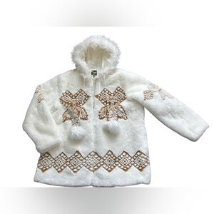 Ameri mode women’s white/ tan hooded snowflake faux fur coat size XXL.